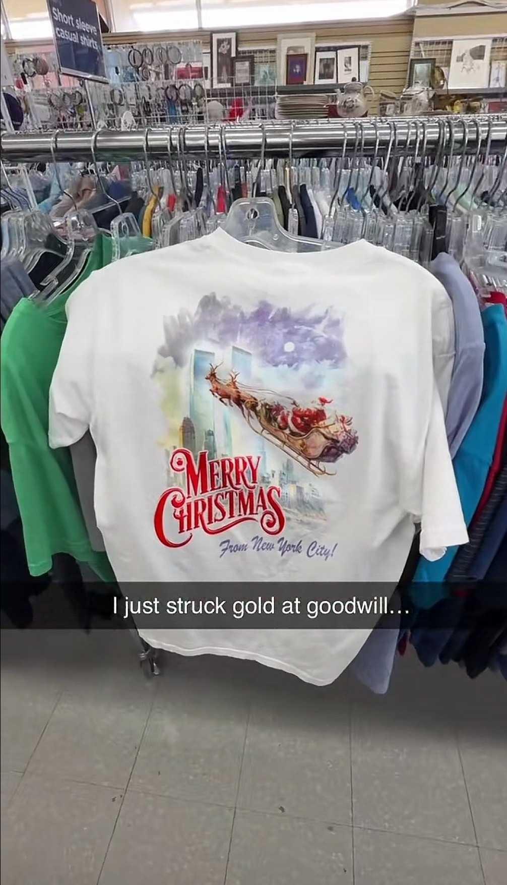 merry christmas from new york sweater at goodwill that has santa flying into the twin towers