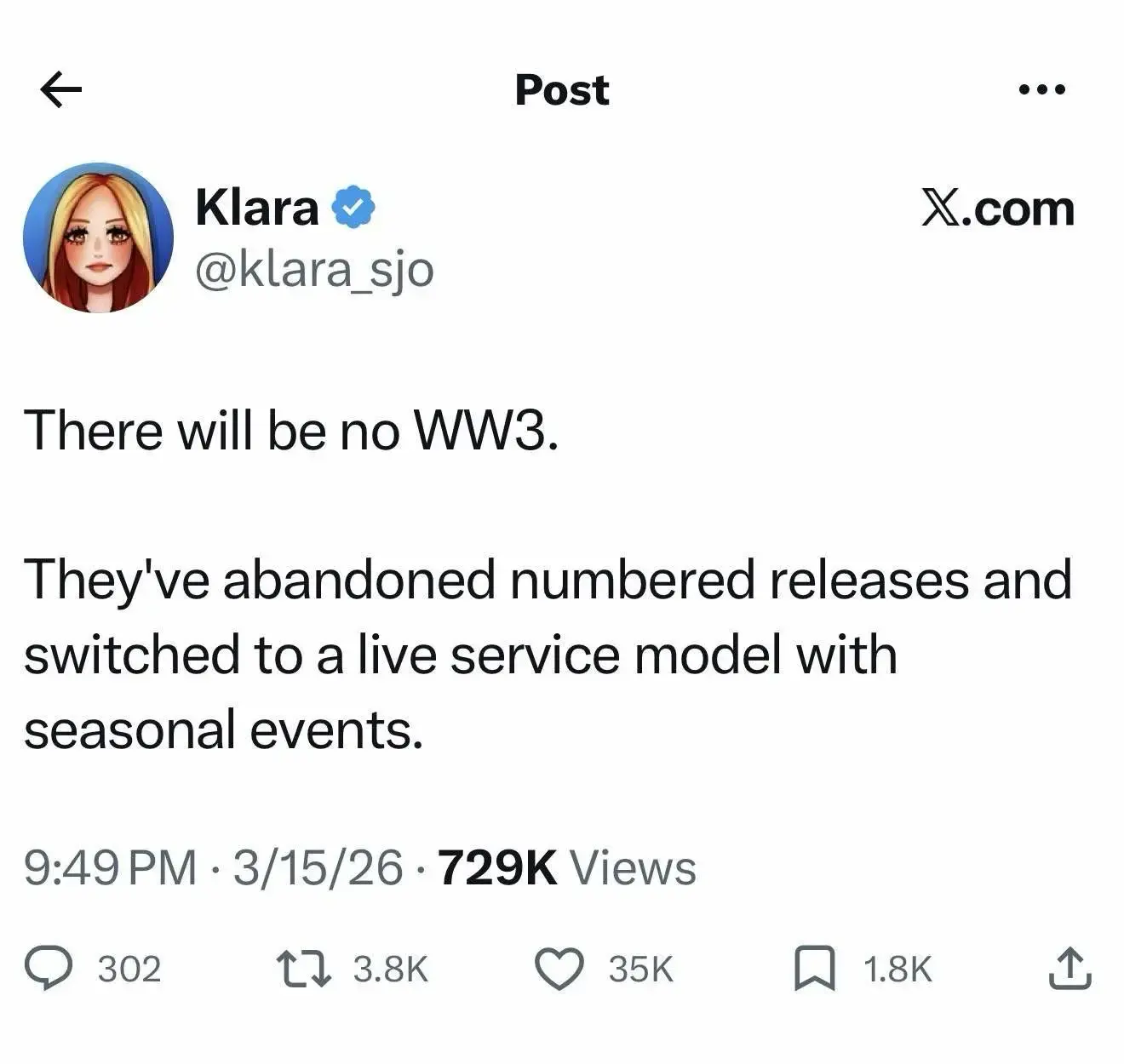 @klara_sjo

There will be no WWa3.

They've abandoned numbered releases and

switched to a live service model with

seasonal events.