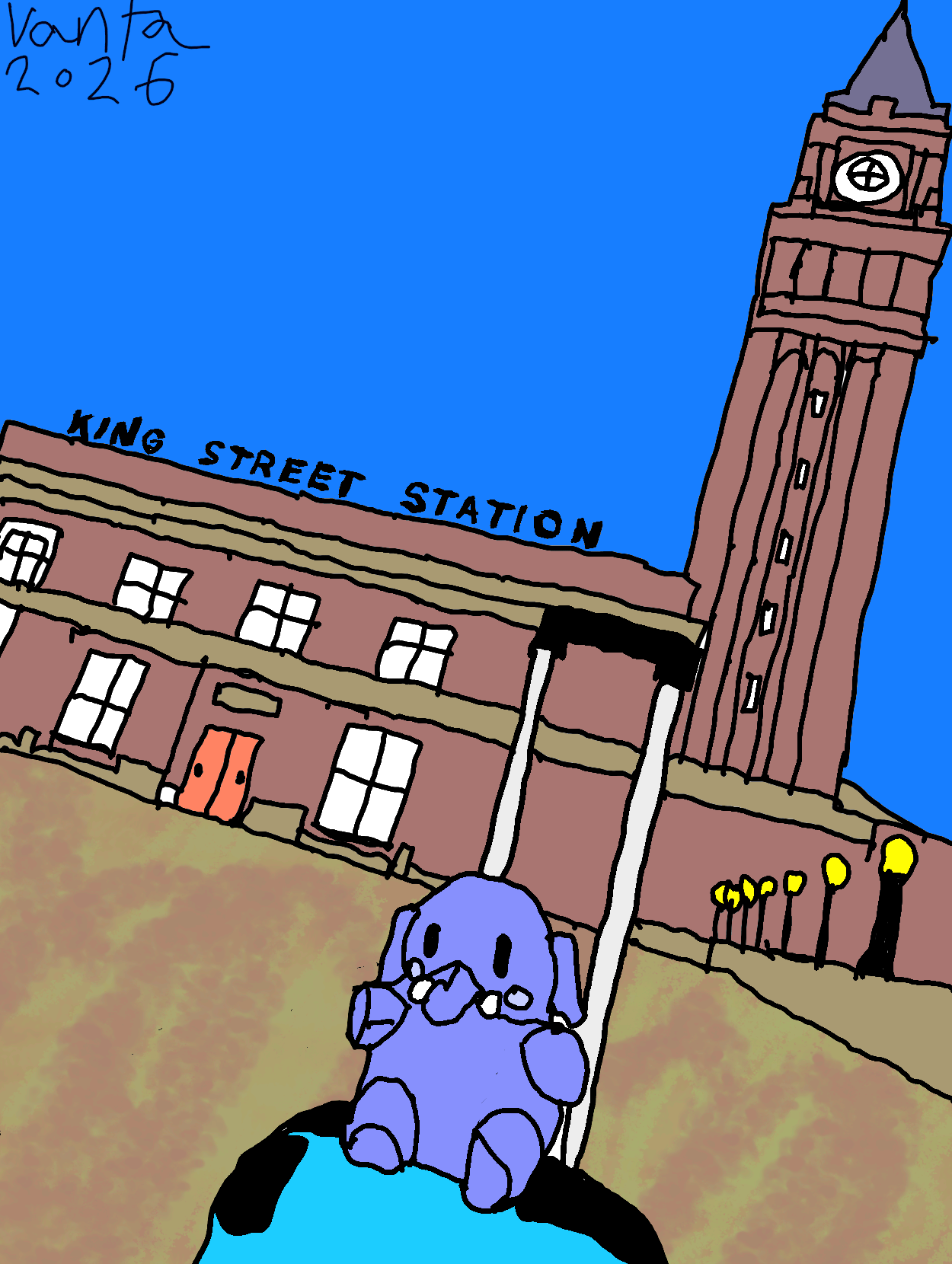 traced art of my plushtodon atop a luggage at king street station in seattle